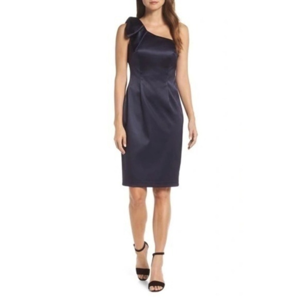Eliza J One-shoulder‎ Bow Detail Satin Sheath Dress In Navy Blue Size 6